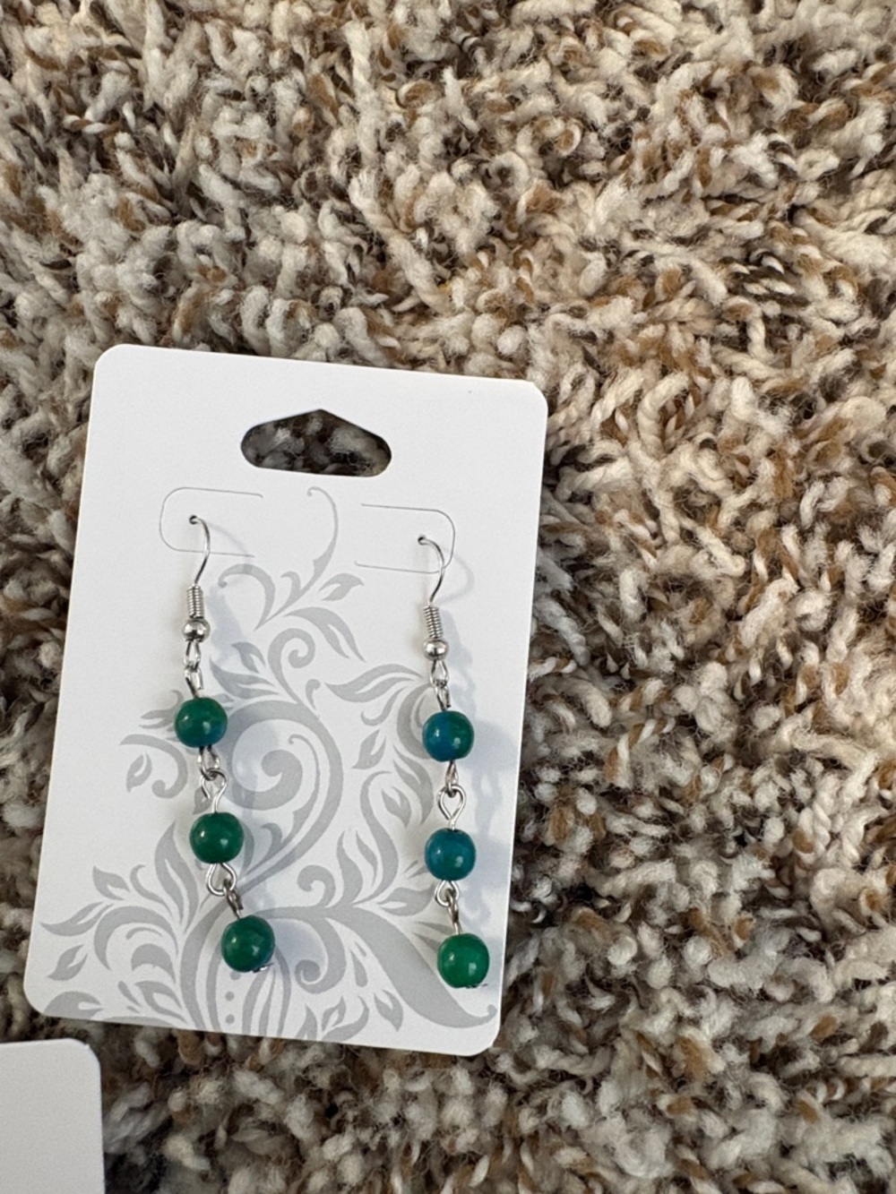Elegant Green and Blue Beaded Earrings Hand Crafted set of 3 - Picture 8 of 9